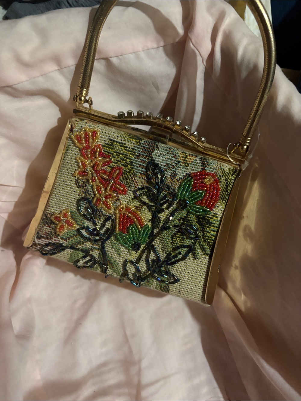 Beaded Floral Mini Top-Handle Bag in Gold and Cream